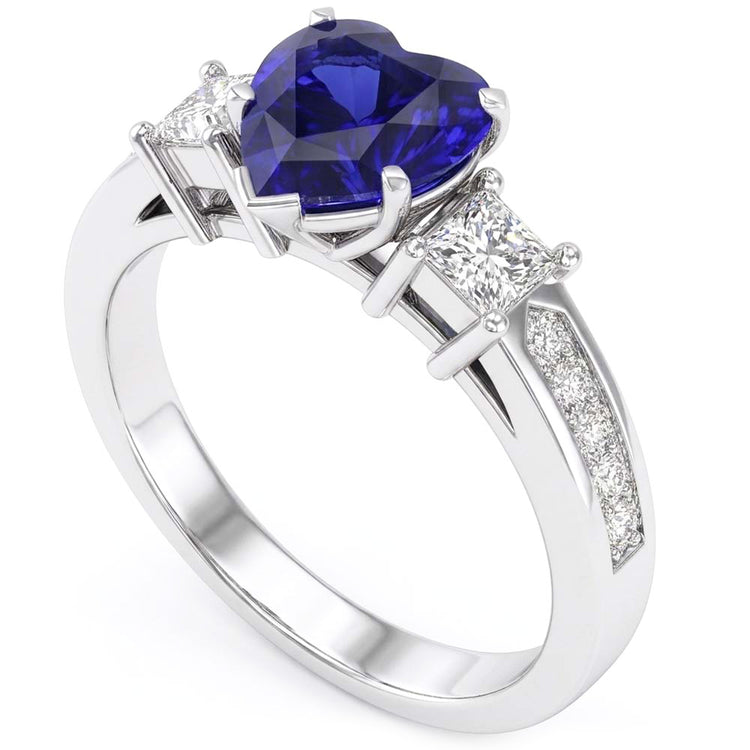 Bague Saphir Coeur Style 3 Pierres Princesse & Diamants Ronds 3 Carats
