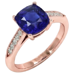Bague Saphir Coussin Ceylan Style Vintage 5 Carats Accents Or Rose