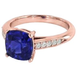 Bague Saphir Coussin Ceylan Style Vintage 5 Carats Accents Or Rose