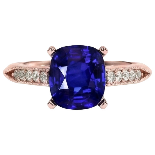 Bague Saphir Coussin Ceylan Style Vintage 5 Carats Accents Or Rose