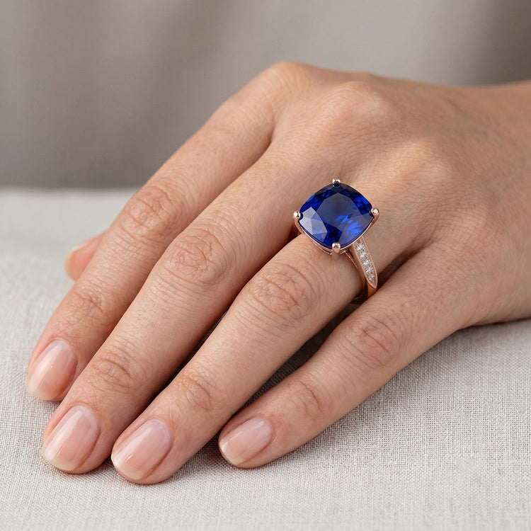 Bague Saphir Coussin Ceylan Style Vintage 5 Carats Accents Or Rose