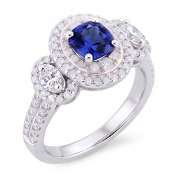 Bague Saphir Coussin Double Halo Or Blanc 3 Carats 14K