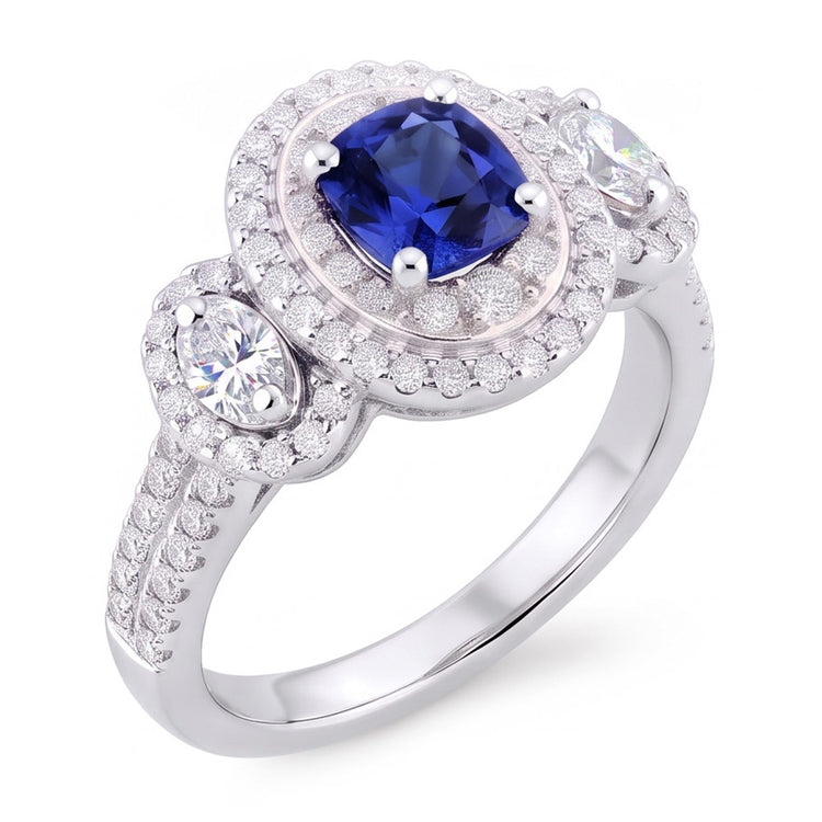 Bague Saphir Coussin Double Halo Or Blanc 3 Carats 14K