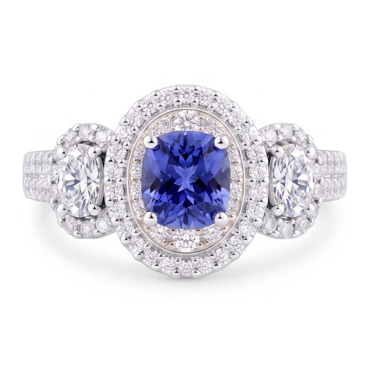 Bague Saphir Coussin Double Halo Or Blanc 3 Carats 14K