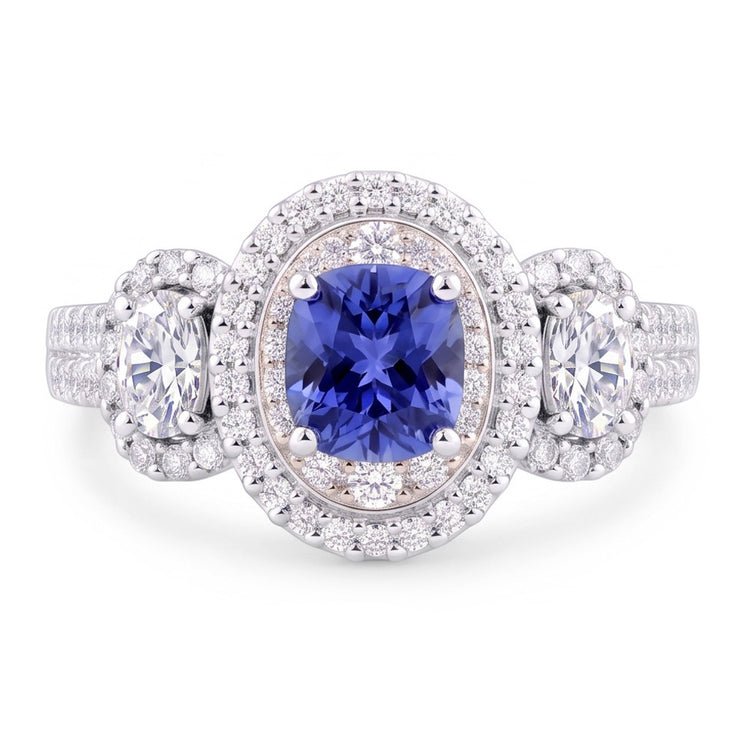 Bague Saphir Coussin Double Halo Or Blanc 3 Carats 14K