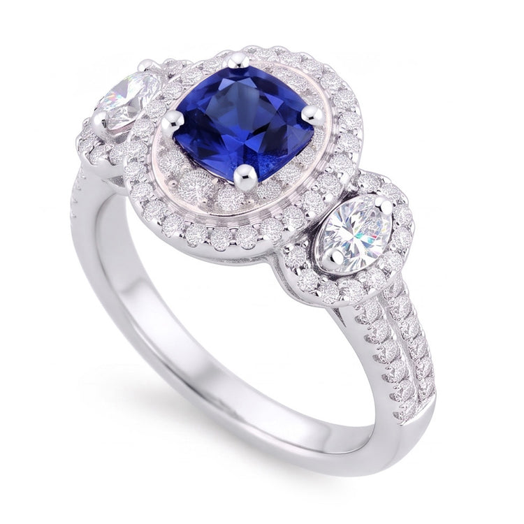 Bague Saphir Coussin Double Halo Or Blanc 3 Carats 14K