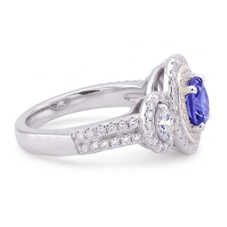 Bague Saphir Coussin Double Halo Or Blanc 3 Carats 14K
