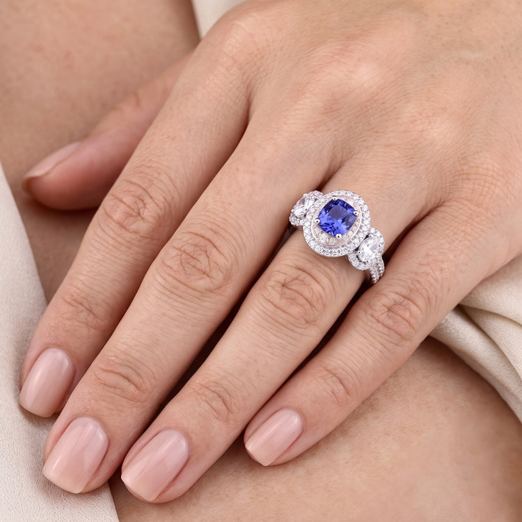 Bague Saphir Coussin Double Halo Or Blanc 3 Carats 14K