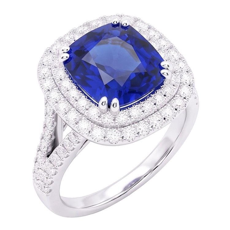 Bague Saphir Coussin Double Halo Pavé Diamants Tige Split 4 Carats