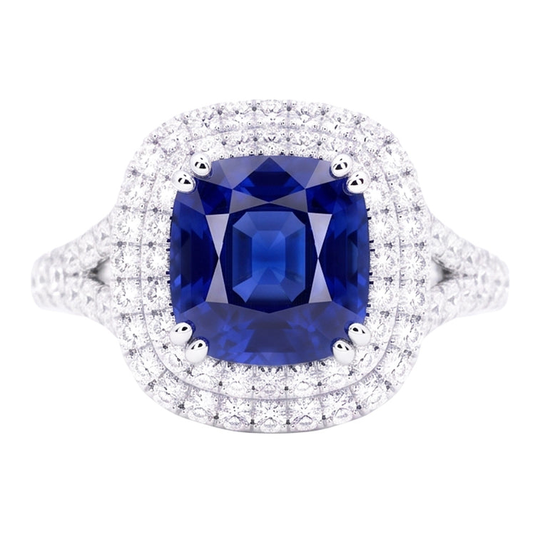 Bague Saphir Coussin Double Halo Pavé Diamants Tige Split 4 Carats