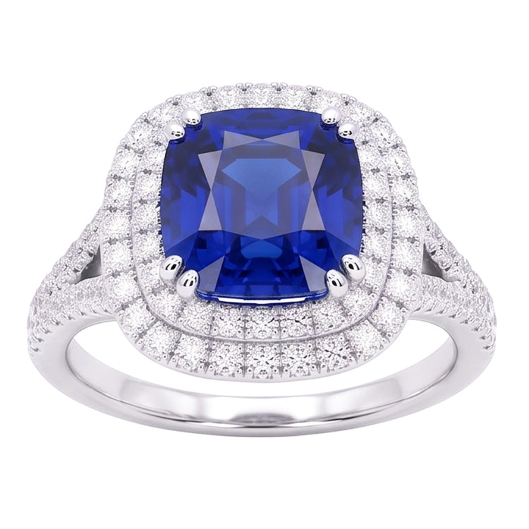 Bague Saphir Coussin Double Halo Pavé Diamants Tige Split 4 Carats