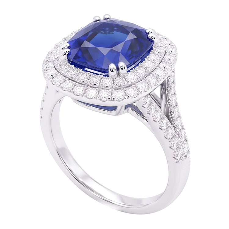 Bague Saphir Coussin Double Halo Pavé Diamants Tige Split 4 Carats