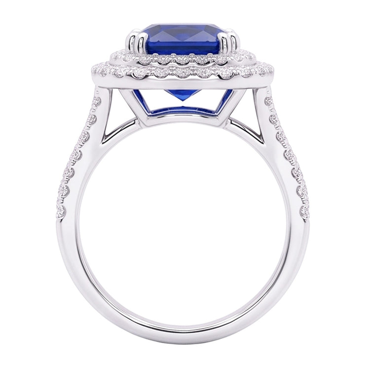 Bague Saphir Coussin Double Halo Pavé Diamants Tige Split 4 Carats