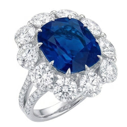 Bague Saphir Coussin Et Diamants Naturels Extraits des Mines ( et non cultivés en laboratoire ) Ronds 10.50 Ct Or Blanc 14K