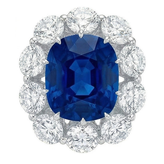 Bague Saphir Coussin Et Diamants Naturels Extraits des Mines ( et non cultivés en laboratoire ) Ronds 10.50 Ct Or Blanc 14K