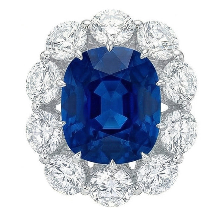Bague Saphir Coussin Et Diamants Naturels Extraits des Mines ( et non cultivés en laboratoire ) Ronds 10.50 Ct Or Blanc 14K
