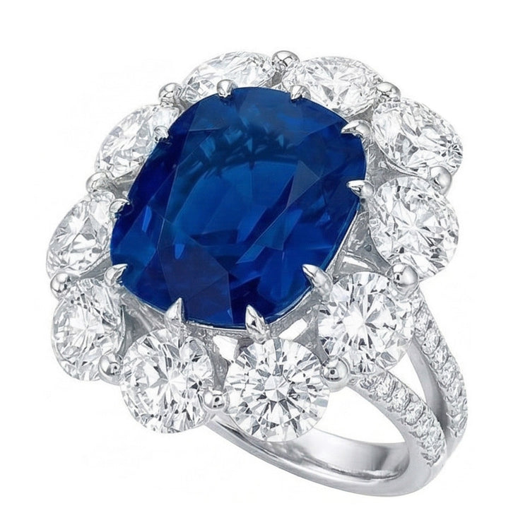 Bague Saphir Coussin Et Diamants Naturels Extraits des Mines ( et non cultivés en laboratoire ) Ronds 10.50 Ct Or Blanc 14K