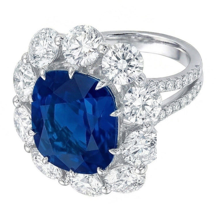 Bague Saphir Coussin Et Diamants Naturels Extraits des Mines ( et non cultivés en laboratoire ) Ronds 10.50 Ct Or Blanc 14K