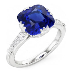 Bague Saphir Coussin Pierres Précieuses 3.50 Carats Diamants Triple Griffe