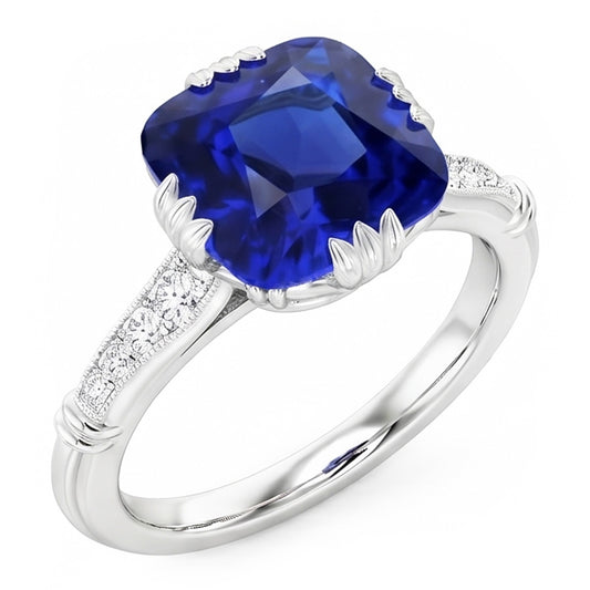 Bague Saphir Coussin Pierres Précieuses 3.50 Carats Diamants Triple Griffe