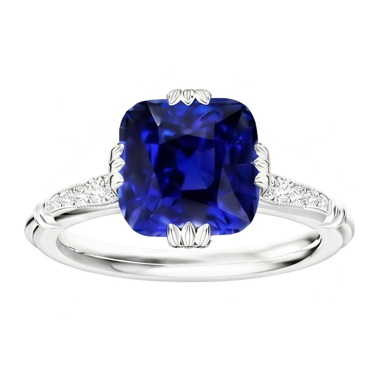 Bague Saphir Coussin Pierres Précieuses 3.50 Carats Diamants Triple Griffe