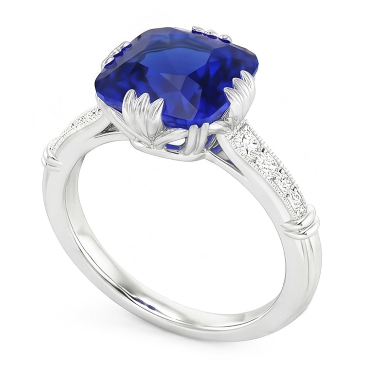 Bague Saphir Coussin Pierres Précieuses 3.50 Carats Diamants Triple Griffe