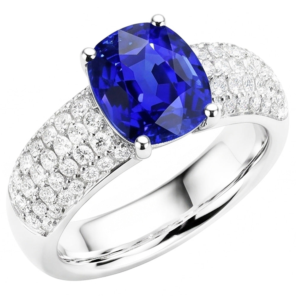 Bague Saphir Coussin Pierres Précieuses Or Blanc 14K Diamants 3.50 Carats