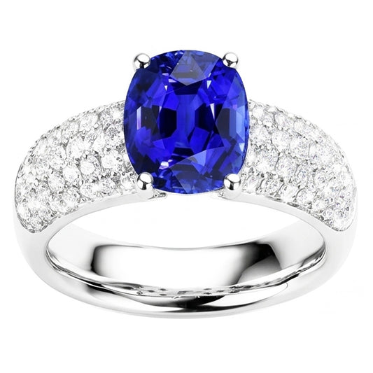 Bague Saphir Coussin Pierres Précieuses Or Blanc 14K Diamants 3.50 Carats