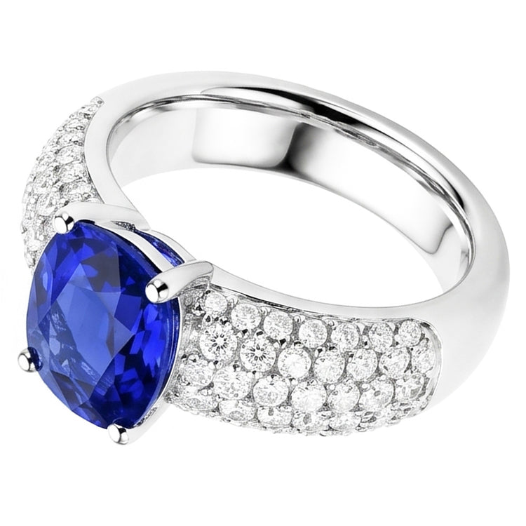 Bague Saphir Coussin Pierres Précieuses Or Blanc 14K Diamants 3.50 Carats