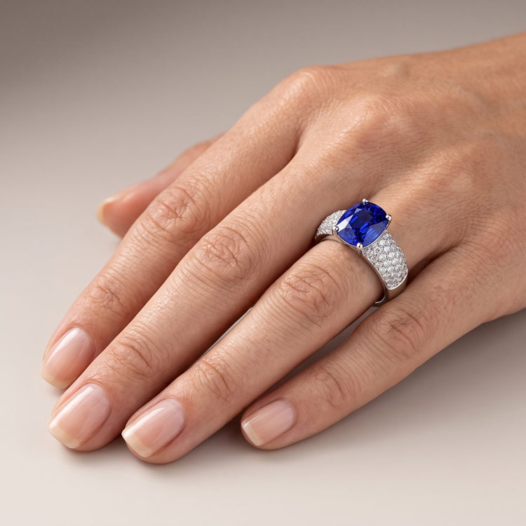Bague Saphir Coussin Pierres Précieuses Or Blanc 14K Diamants 3.50 Carats