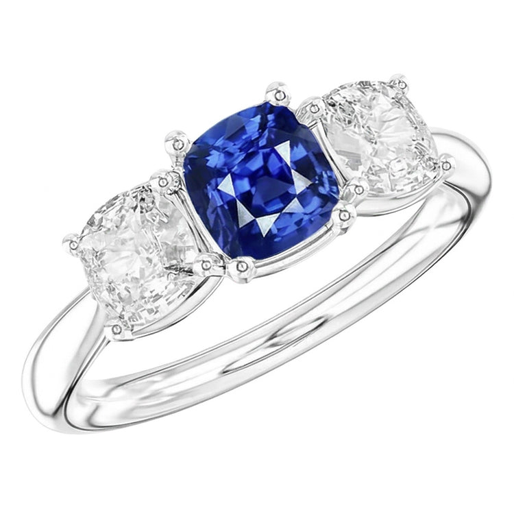 Bague Saphir Coussin Trois Pierres Diamants Or 2.50 Carats Joaillerie