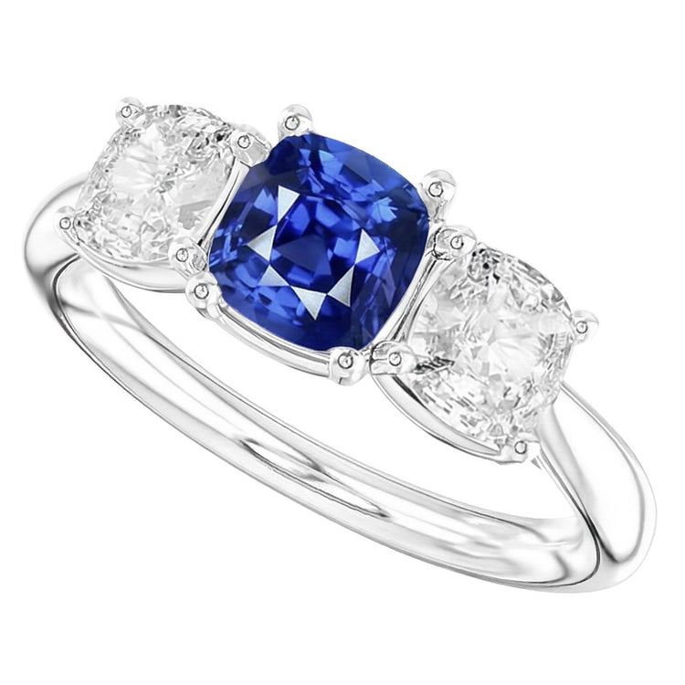 Bague Saphir Coussin Trois Pierres Diamants Or 2.50 Carats Joaillerie