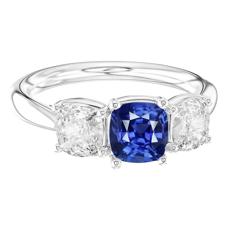 Bague Saphir Coussin Trois Pierres Diamants Or 2.50 Carats Joaillerie