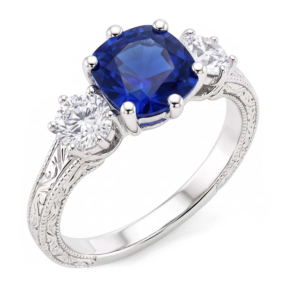 Bague Saphir Coussin Trois Pierres Style Antique Diamants 2.50 Carats