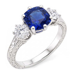 Bague Saphir Coussin Trois Pierres Style Antique Diamants 2.50 Carats
