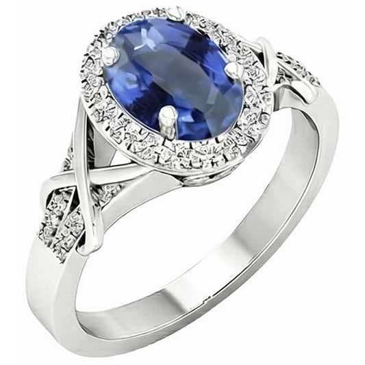 Bague Saphir De Ceylan De Taille Ovale Et Diamant Naturels Extraits des Mines ( et non cultivés en laboratoire ) Rond En Or 1.80 Ct
