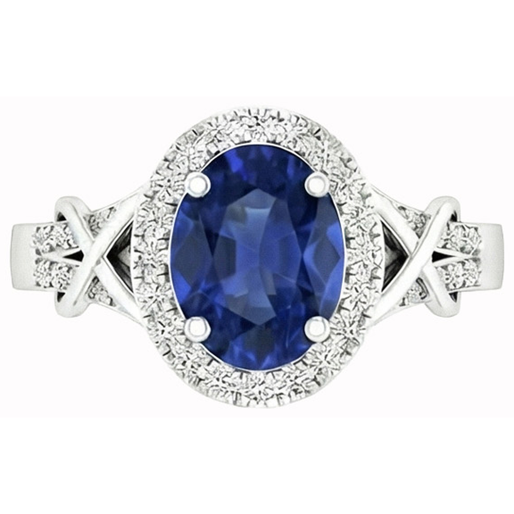 Bague Saphir De Ceylan De Taille Ovale Et Diamant Naturels Extraits des Mines ( et non cultivés en laboratoire ) Rond En Or 1.80 Ct