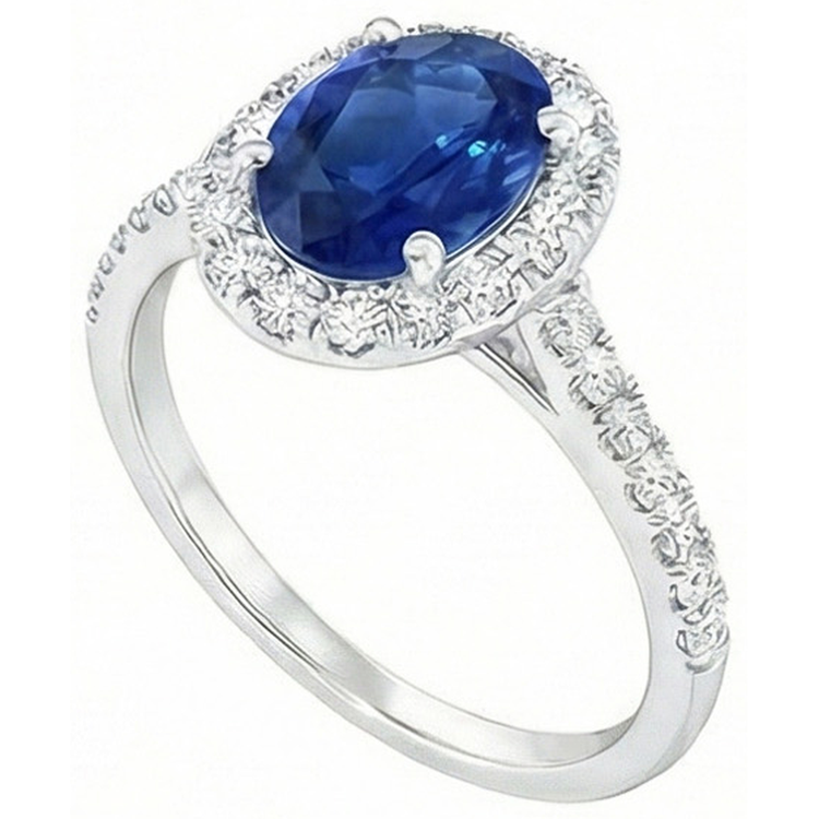 Bague Saphir De Ceylan Ovale Et Diamants Naturels Extraits des Mines ( et non cultivés en laboratoire ) Massif Or 14K