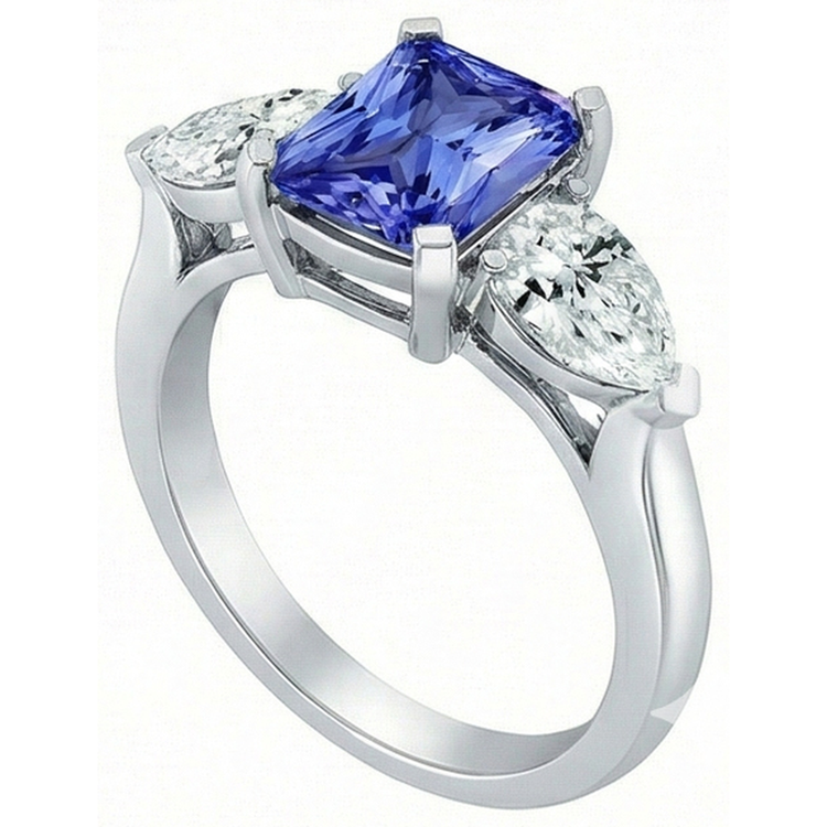 Bague Saphir Diamant Poire Serti Cathédrale 3 Pierres Or Blanc