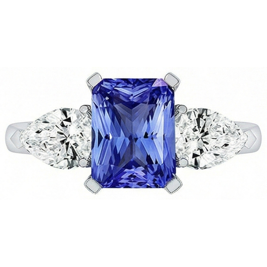 Bague Saphir Diamant Poire Serti Cathédrale 3 Pierres Or Blanc