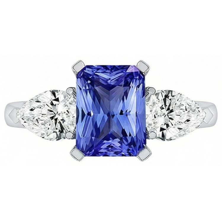 Bague Saphir Diamant Poire Serti Cathédrale 3 Pierres Or Blanc