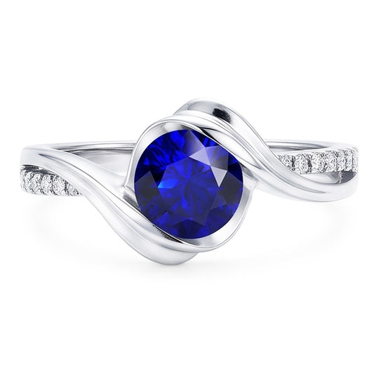 Bague Saphir Diamant Rond Or Diamant 1.50 Carats Tige Torsadée