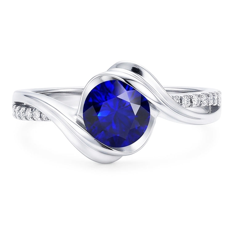 Bague Saphir Diamant Rond Or Diamant 1.50 Carats Tige Torsadée