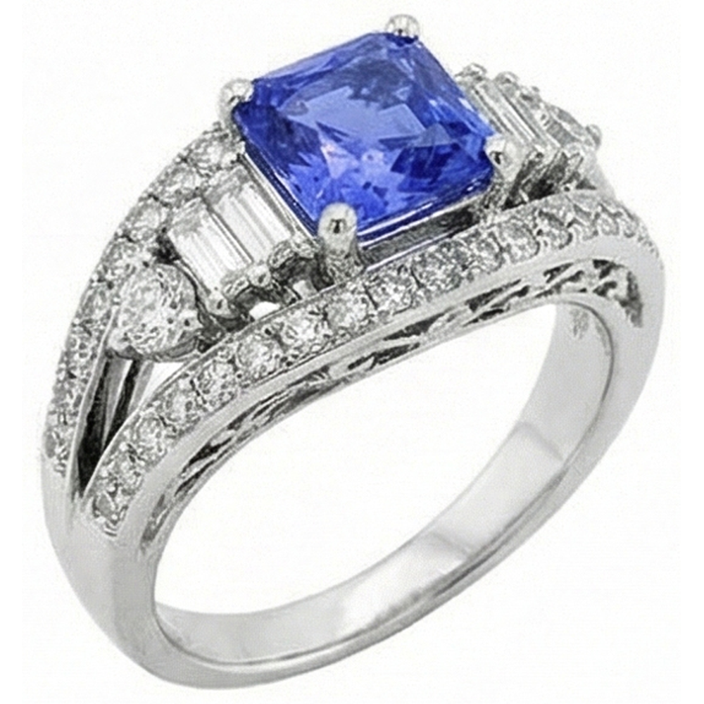Bague Saphir Diamant Rond Style Oeil Ouvert Tige Fendue 2.50 Carats
