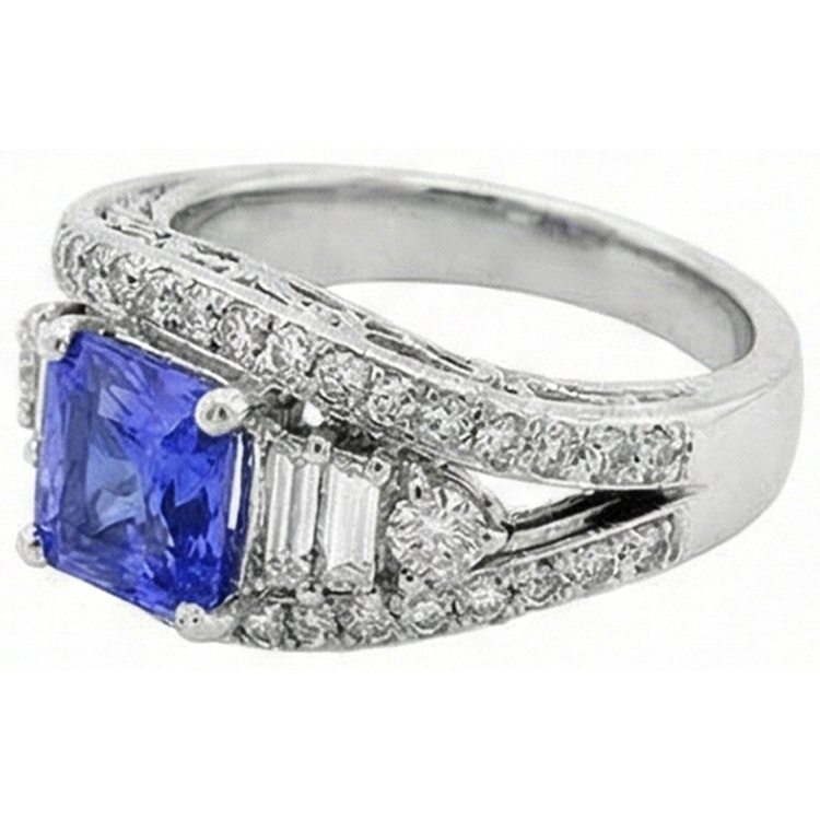 Bague Saphir Diamant Rond Style Oeil Ouvert Tige Fendue 2.50 Carats