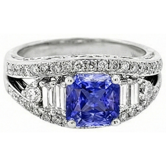 Bague Saphir Diamant Rond Style Oeil Ouvert Tige Fendue 2.50 Carats