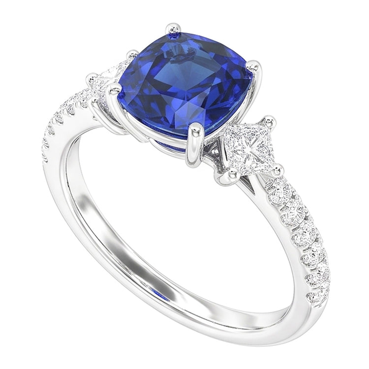 Bague Saphir Diamant Rond & Princesse 3 Carats Style 3 Pierres