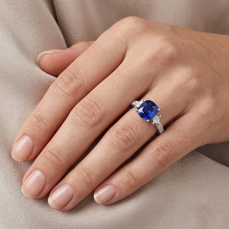 Bague Saphir Diamant Rond & Princesse 3 Carats Style 3 Pierres