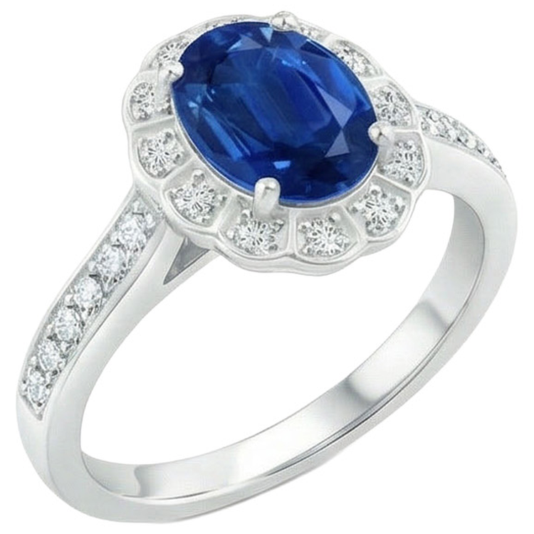 Bague Saphir Et Diamants Naturels Extraits des Mines ( et non cultivés en laboratoire ) Taille Ovale Et Ronde De 4.20 Ct Or Blanc 14K