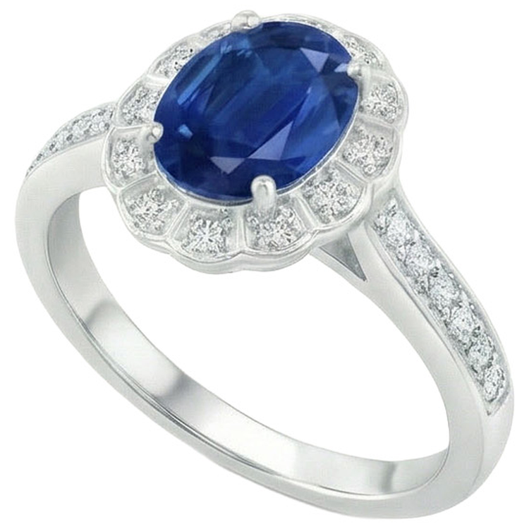 Bague Saphir Et Diamants Naturels Extraits des Mines ( et non cultivés en laboratoire ) Taille Ovale Et Ronde De 4.20 Ct Or Blanc 14K